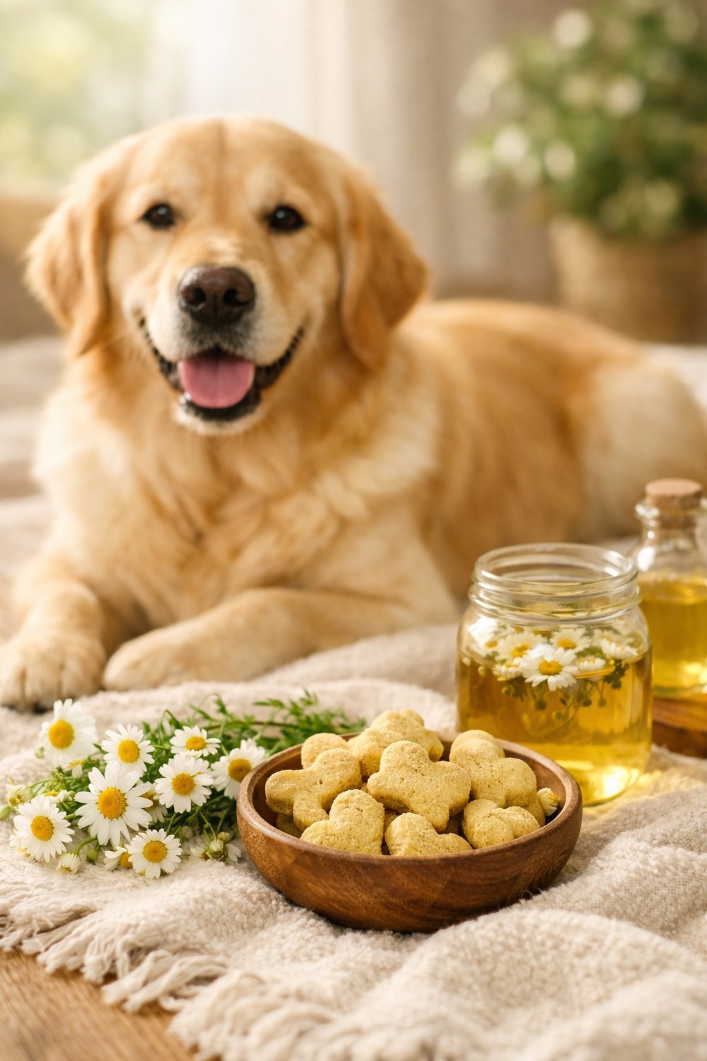 A calm dog sitting near chamomile flowers and homemade chamomile dog treats on a soft blanket in a cozy setting.