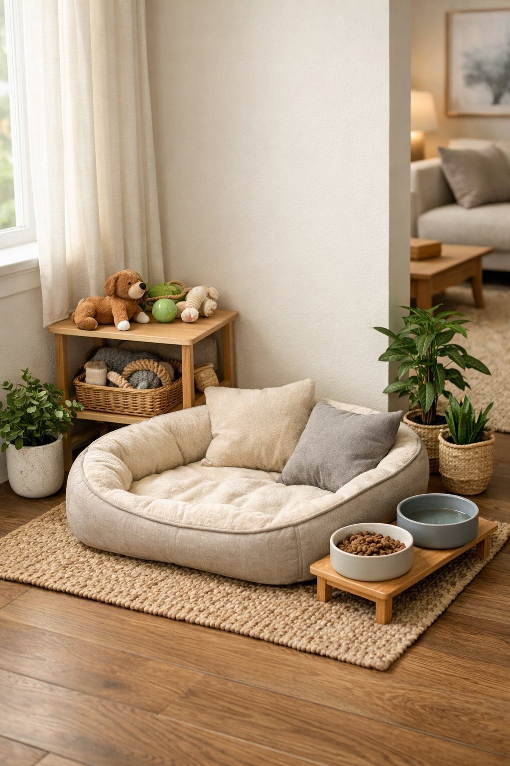 A small cozy corner in a home with a plush dog bed, dog toys on a shelf, a water bowl, and plants near a window.