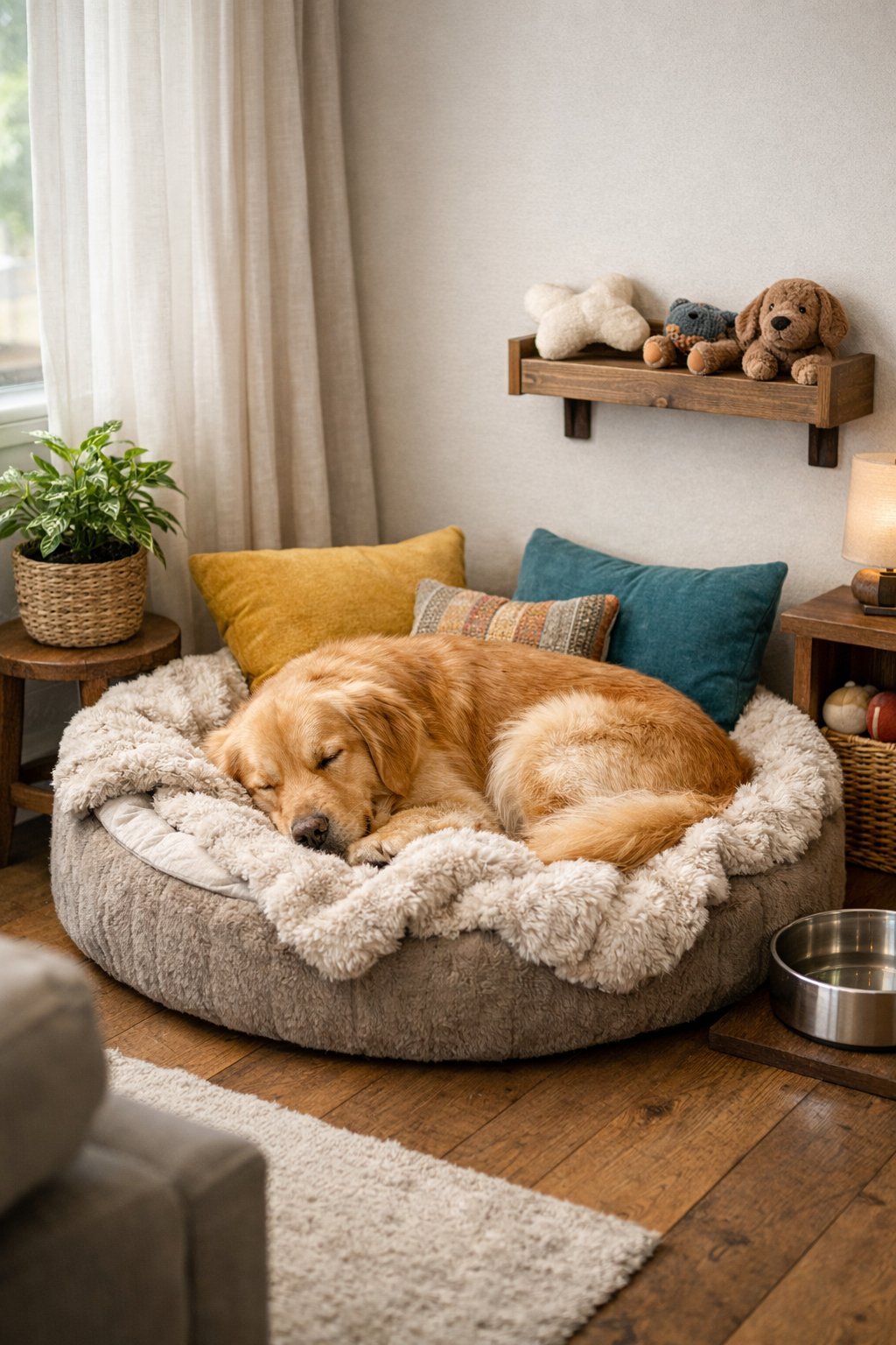 A golden retriever resting on a plush dog bed in a cozy corner of a living room with soft natural light and pet accessories nearby.