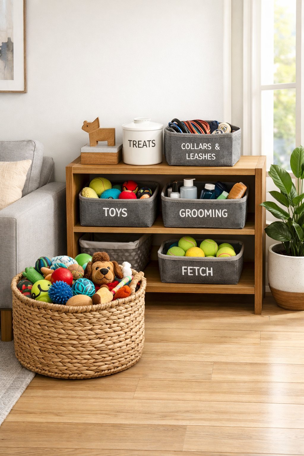A tidy living room corner with a basket and shelves neatly storing dog toys and pet accessories.