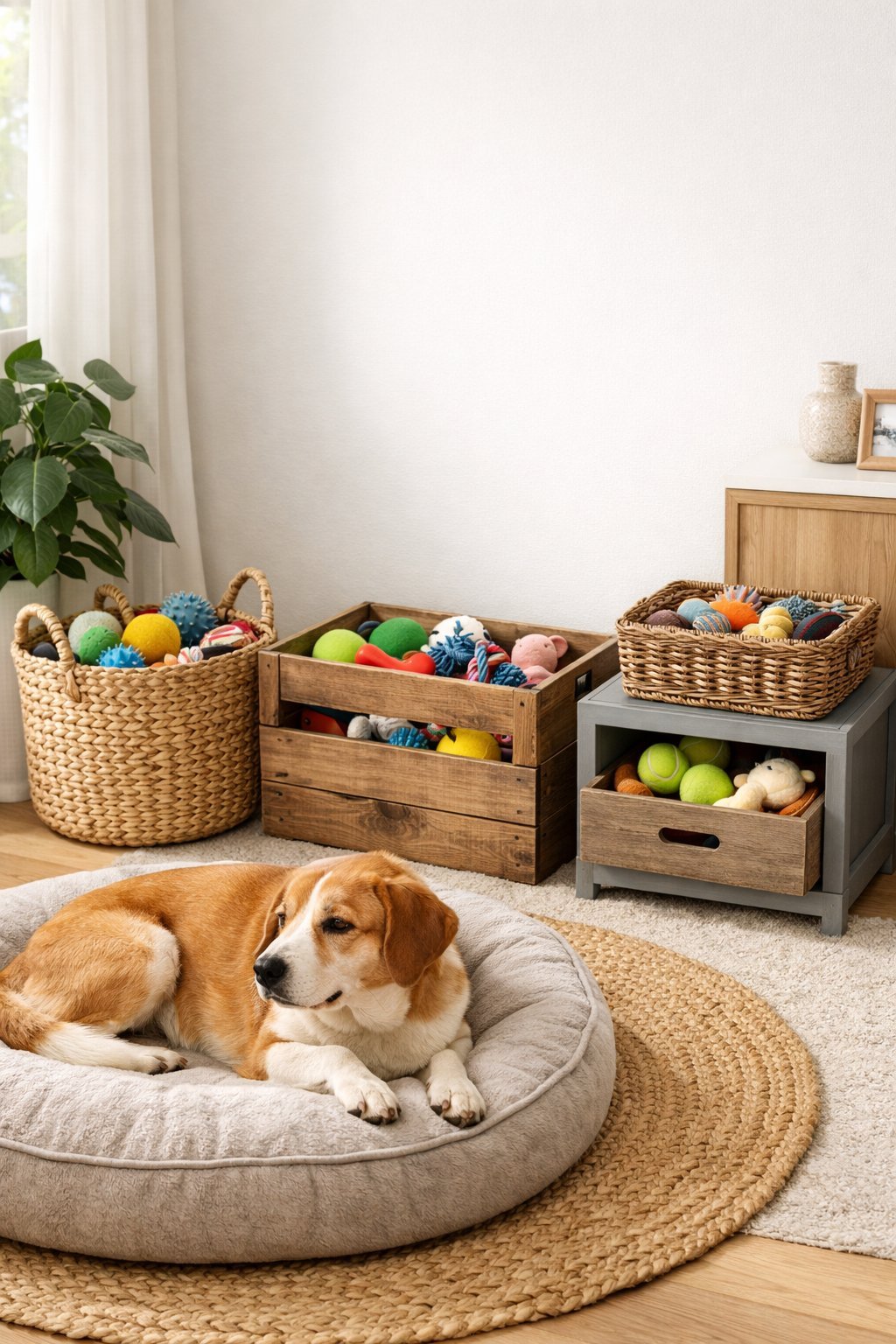 A tidy living room corner with organized baskets and bins holding dog toys next to a dog bed where a dog is resting.