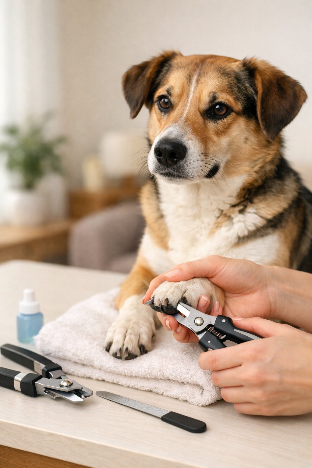 A person gently holding a calm dog’s paw preparing to trim its nails at home for Dog Nail Trimming Tips.