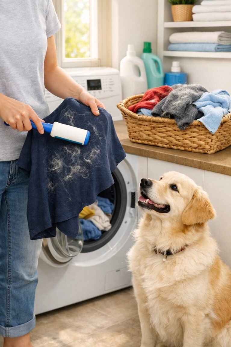 A person removing dog hair from clothes in a laundry room with a dog sitting nearby and a washing machine open.