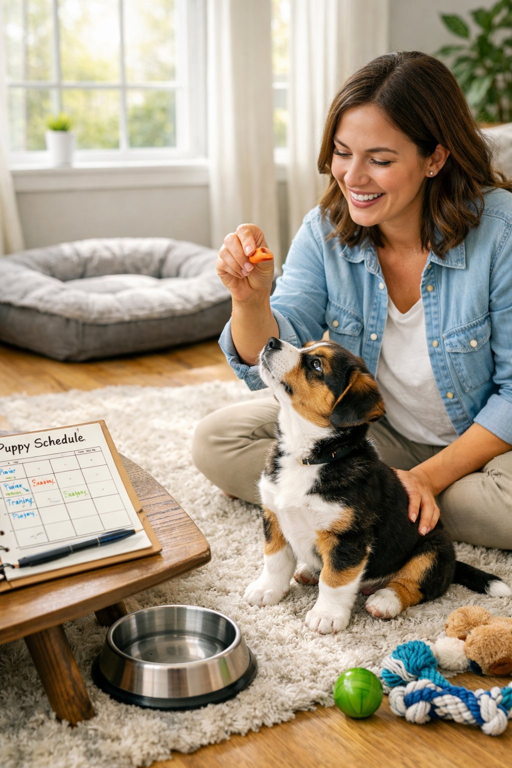 A person training a young puppy indoors with a treat, surrounded by puppy toys and a dog bed.
