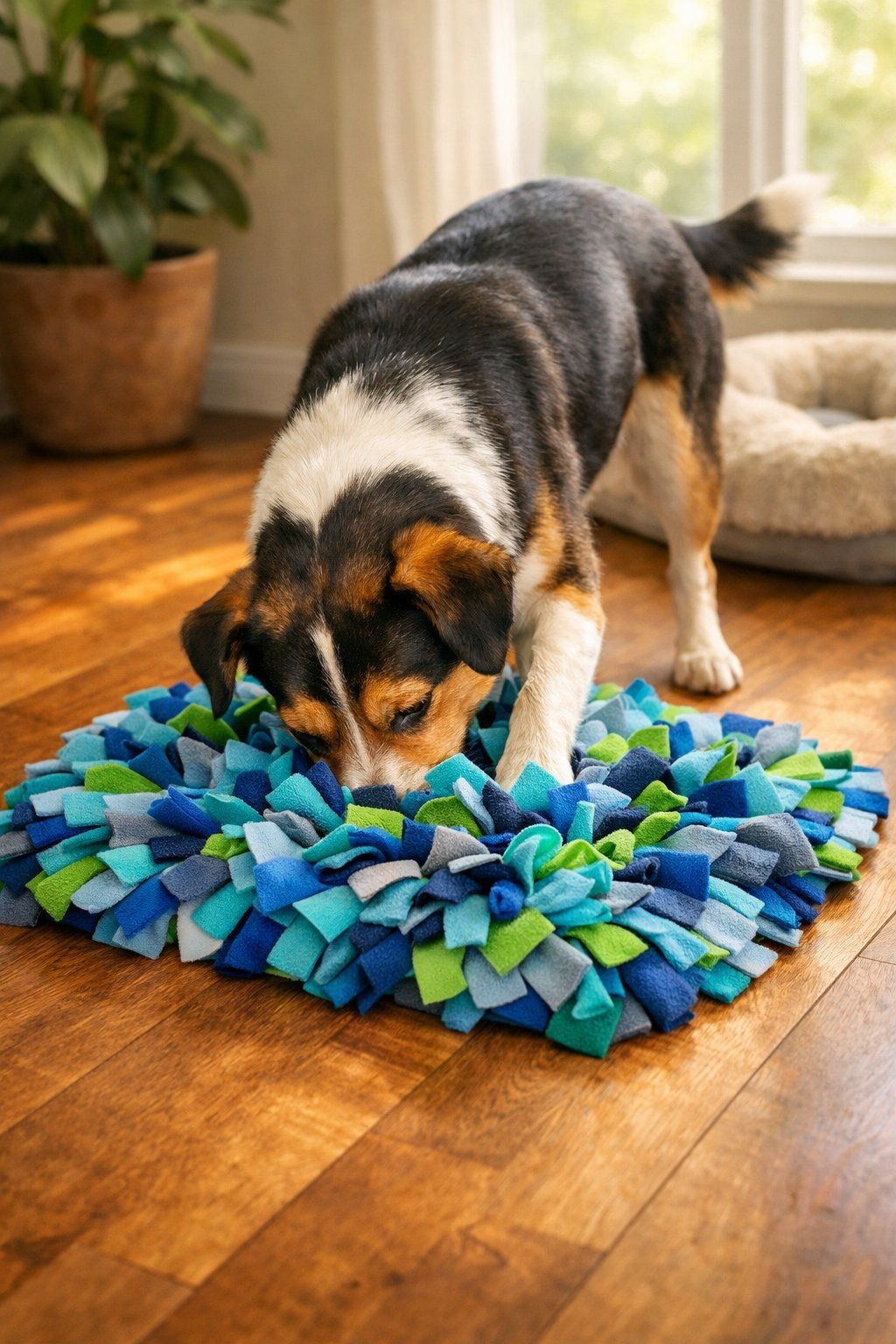 A dog sniffing and exploring a colorful fabric snuffle mat on a wooden floor in a bright living room.