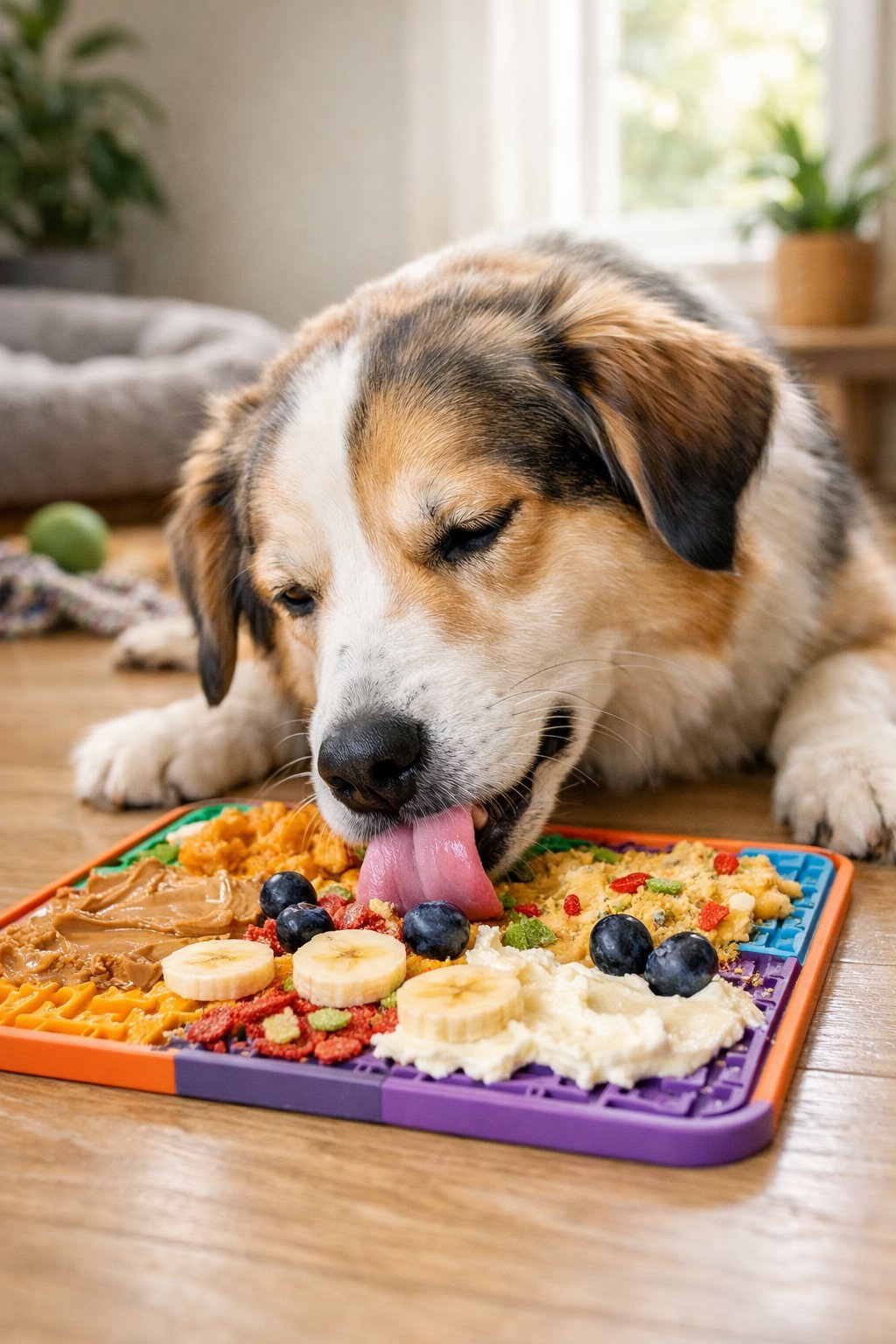 A calm dog licking a colorful lick mat with dog treats in a cozy living room.