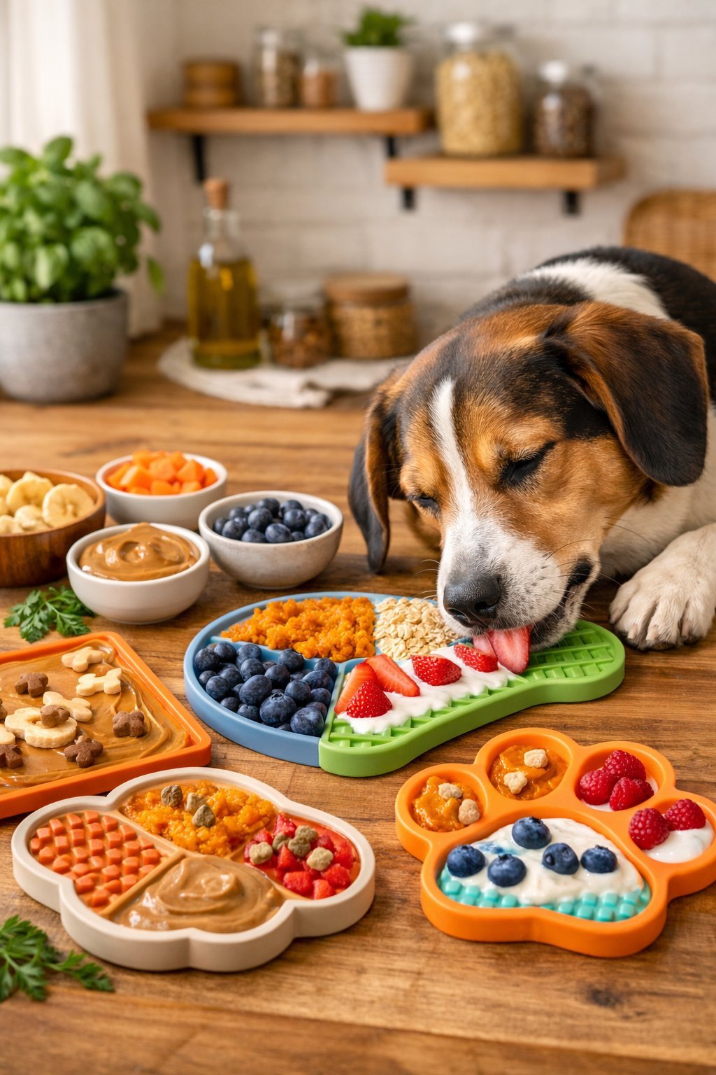 A calm dog licking a treat-covered lick mat on a wooden kitchen counter surrounded by bowls of healthy ingredients.
