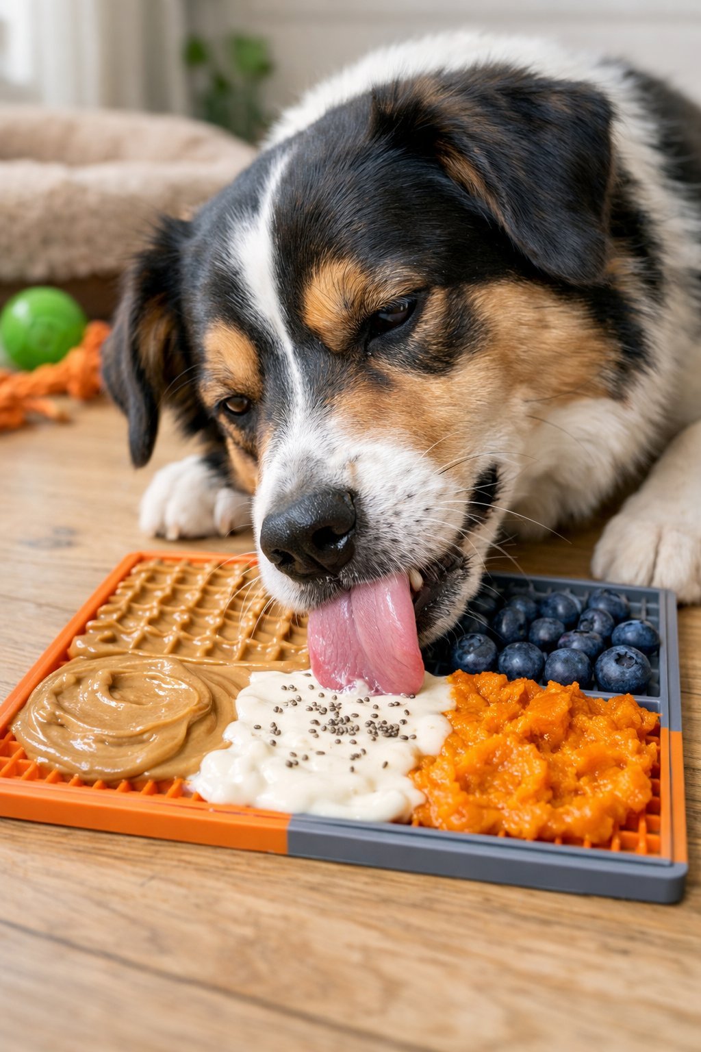 A dog calmly licking a textured lick mat spread with colorful dog-friendly food in a cozy indoor setting.