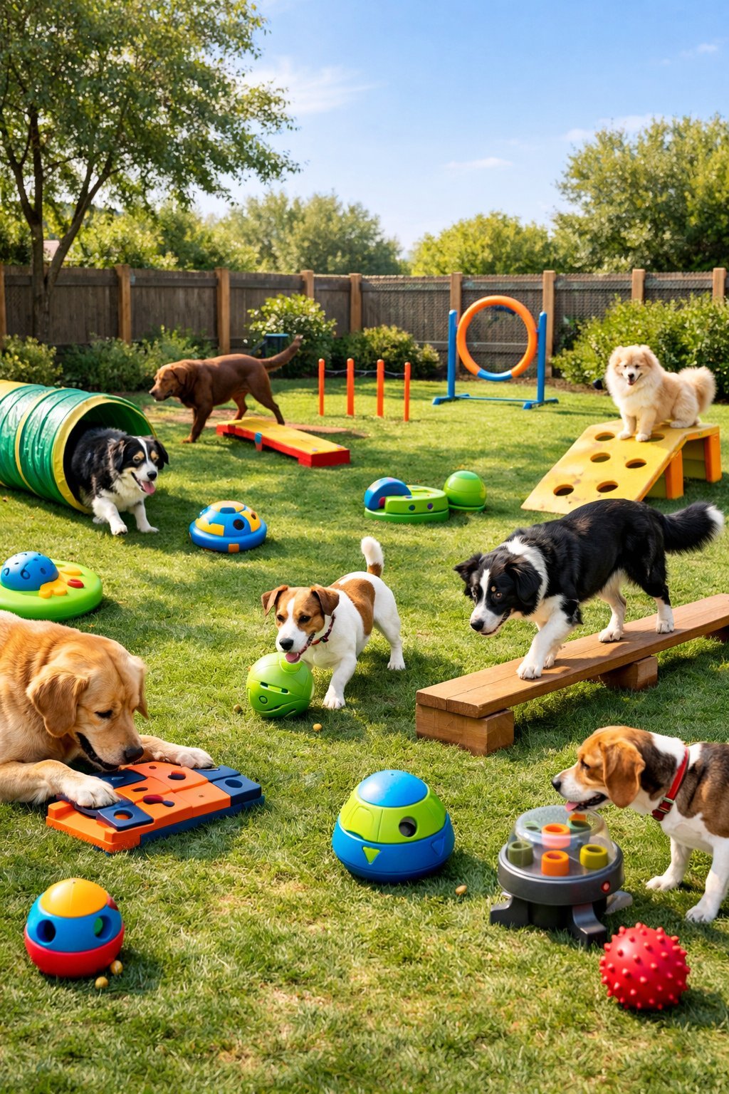 Outdoor dog play area with various interactive toys and happy dogs playing on grass surrounded by trees.