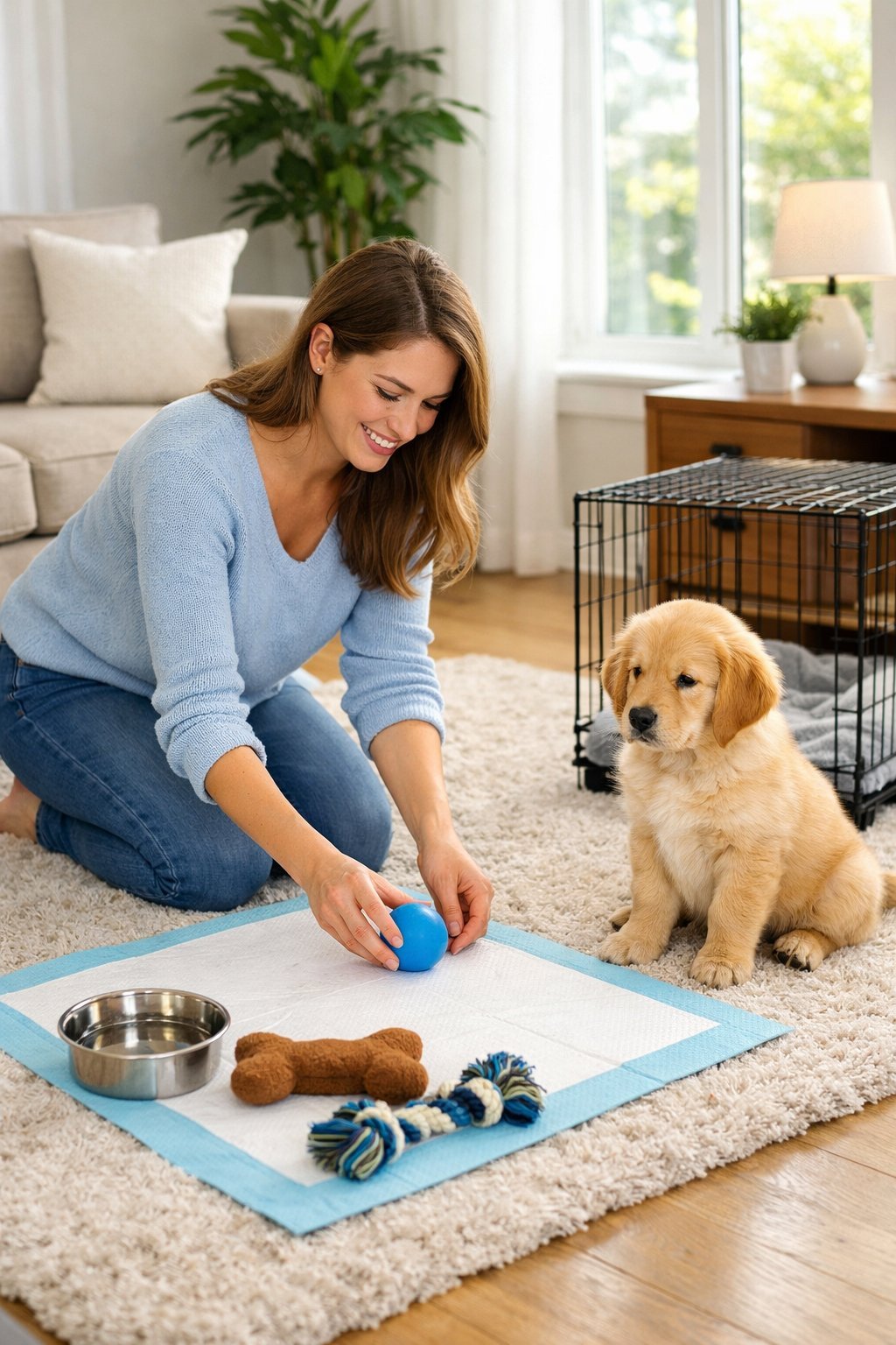Puppy Training: Essential Steps for First-Time Dog Owners to Build Good Habits A woman preparing a puppy training area indoors while a golden retriever puppy sits nearby.
