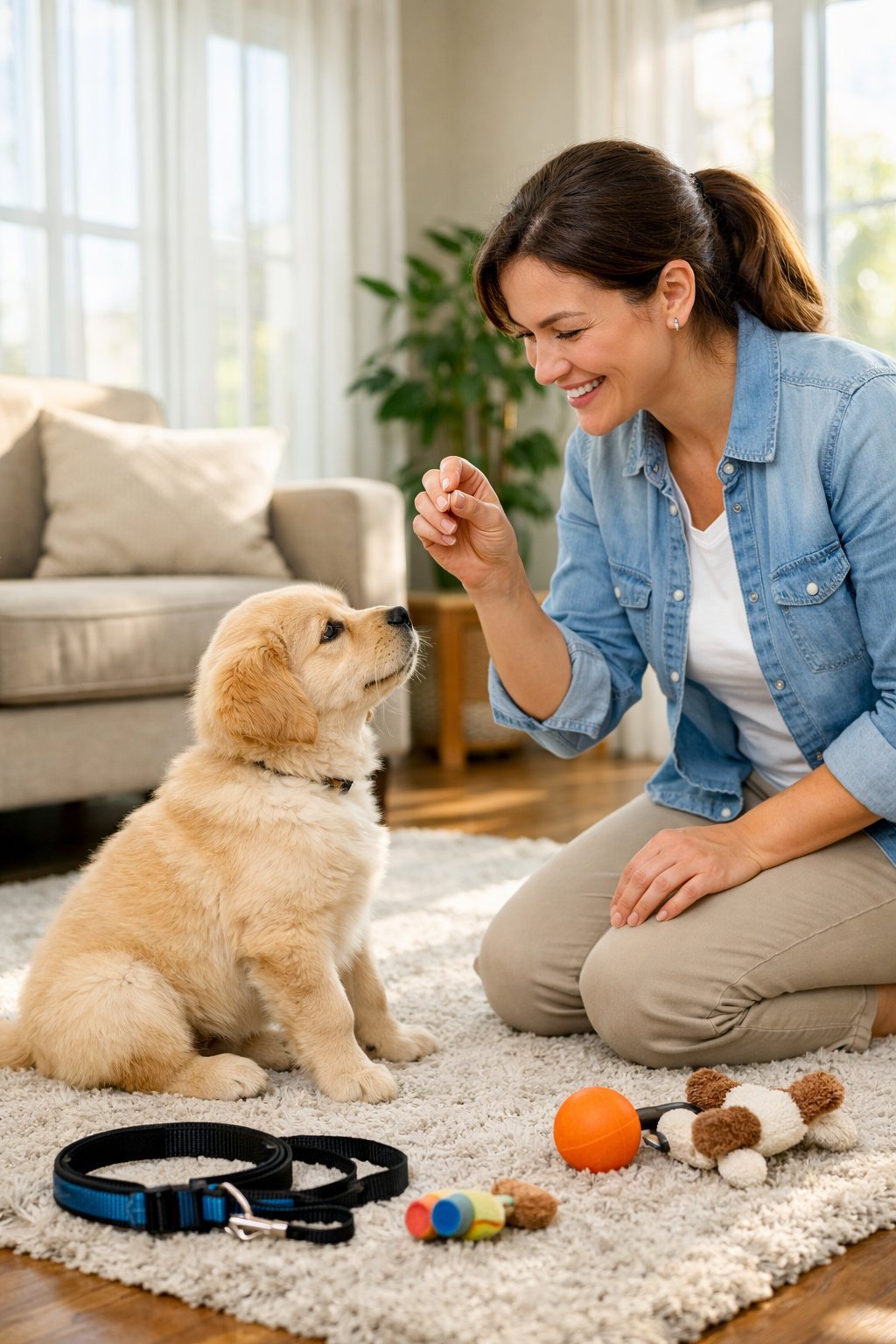 Puppy Training: Essential Steps for First-Time Dog Owners to Build Good Habits An adult training a small puppy indoors, with the puppy sitting attentively and the trainer holding a treat.