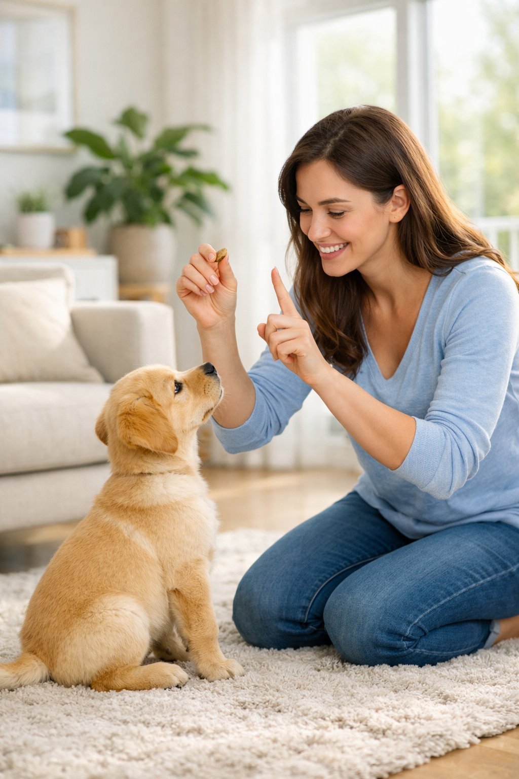 Puppy Training: Essential Steps for First-Time Dog Owners to Build Good Habits A young woman training a puppy indoors, giving a treat while the puppy sits attentively.