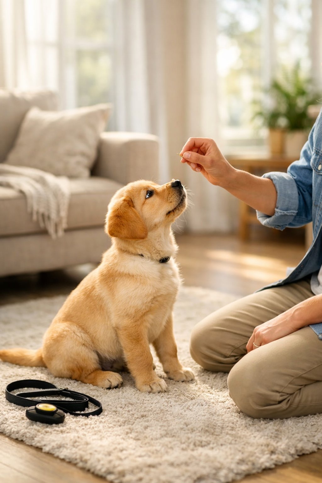 Puppy Training: Essential Steps for First-Time Dog Owners to Build Good Habits A person kneeling on the floor training a sitting puppy in a bright living room.