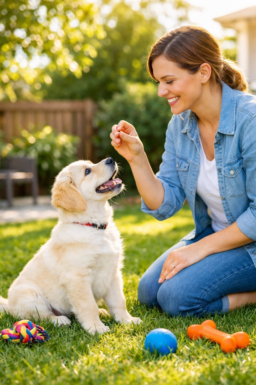 Puppy Training: Essential Steps for First-Time Dog Owners to Build Good Habits A person training a happy puppy in a sunny backyard, with the puppy sitting attentively on the grass.
