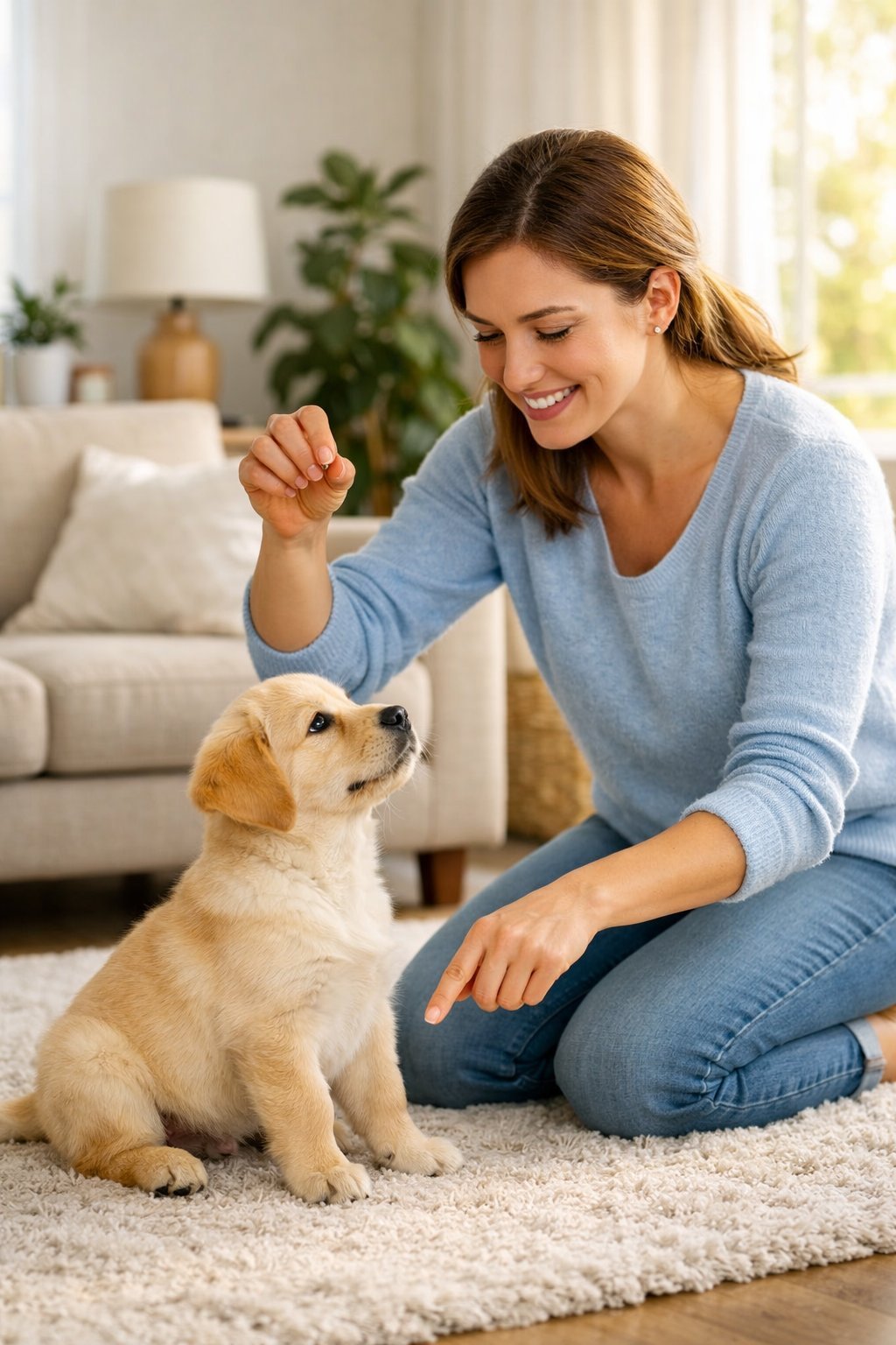 Puppy Training: Essential Steps for First-Time Dog Owners to Build Good Habits A woman training a puppy indoors, holding a treat while the puppy sits attentively.