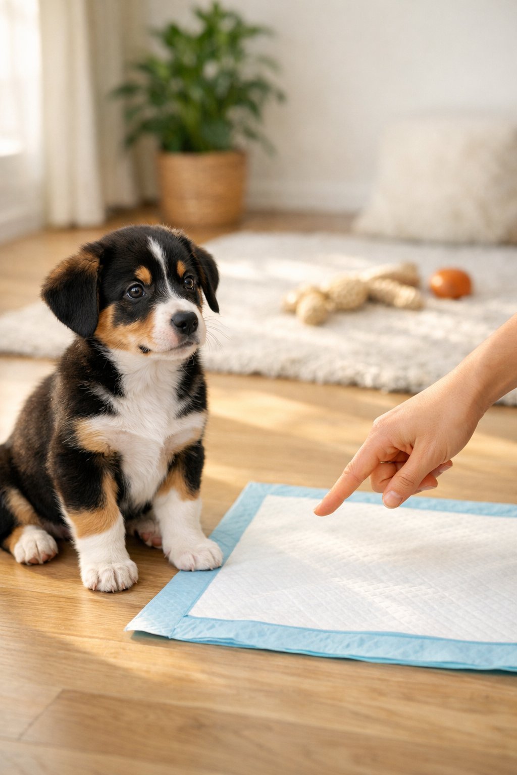 A young puppy sitting next to a potty training pad with an adult hand pointing towards it in a bright living room.