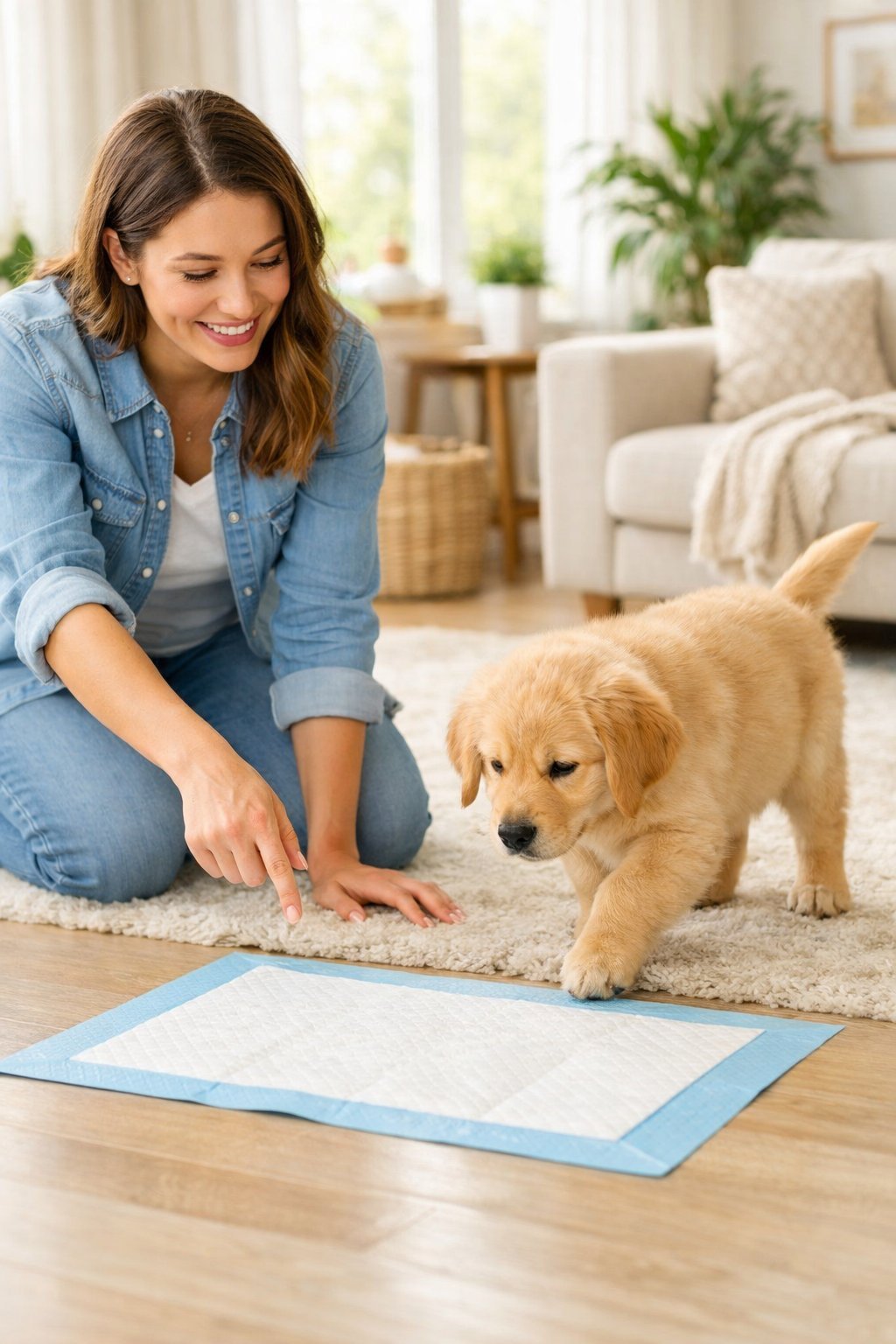 A young woman guiding a golden retriever puppy towards a puppy training pad in a bright living room.