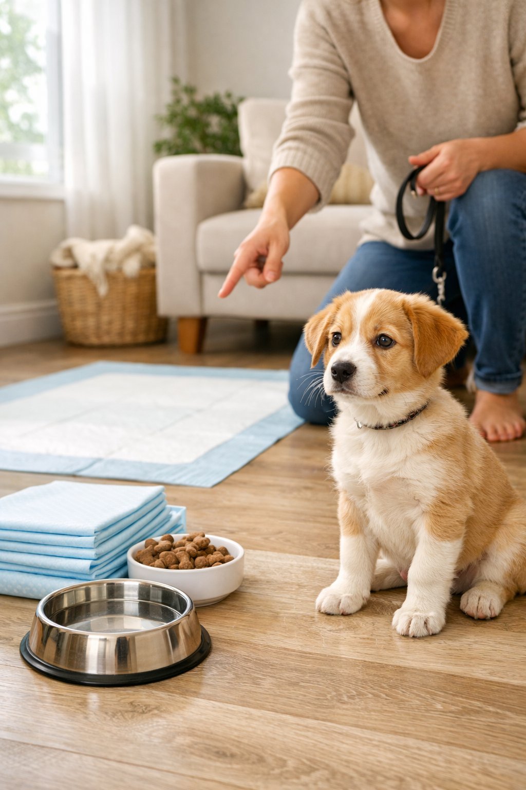 A puppy sitting on the floor next to training supplies while a person gently guides it in a bright living room.