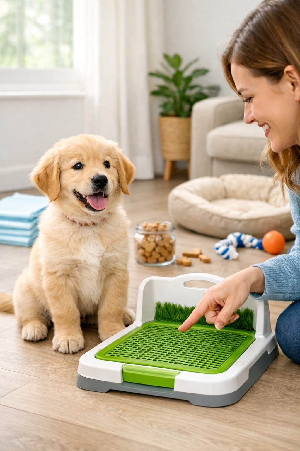 A happy puppy sitting next to a small potty training seat indoors while a person gently encourages it.