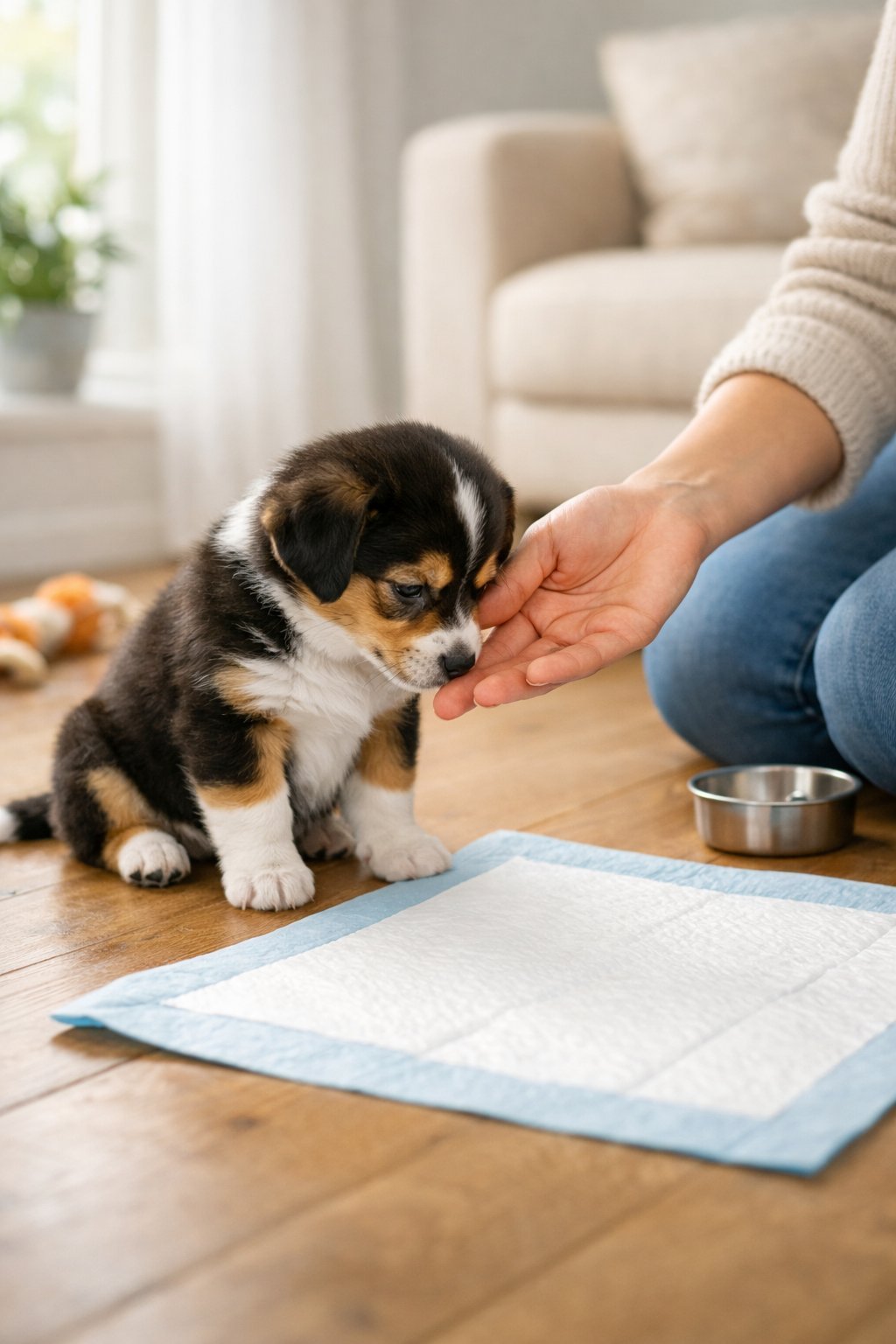 A young puppy next to a training pad on a wooden floor with an adult gently guiding it in a bright living room.