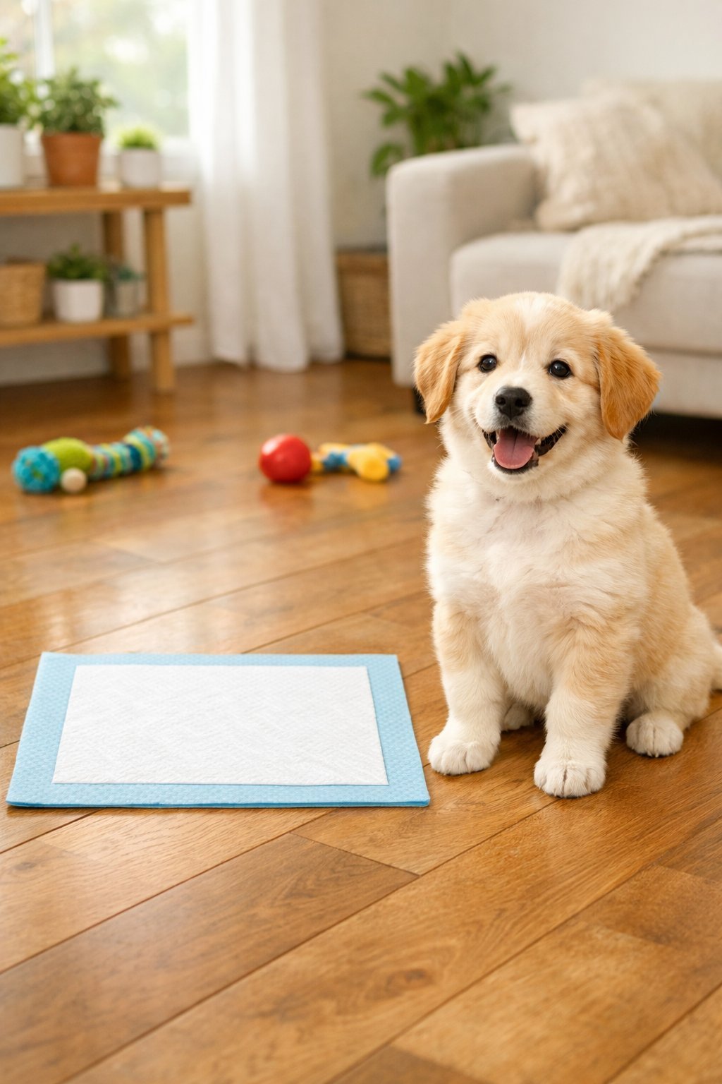 A young puppy sitting next to a puppy training pad in a cozy living room with natural light and dog toys.