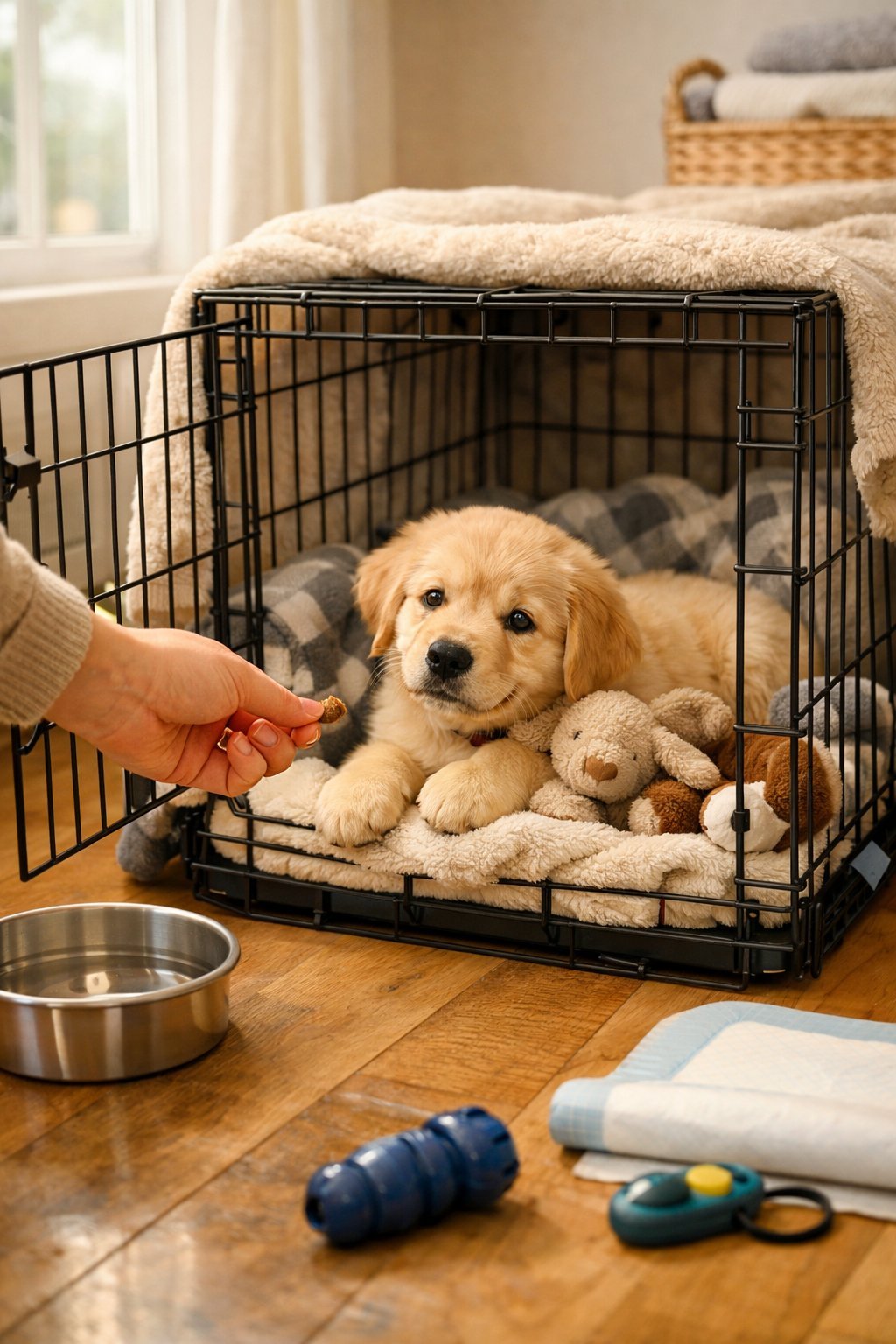 A puppy resting comfortably inside an open crate with a person placing a treat inside.