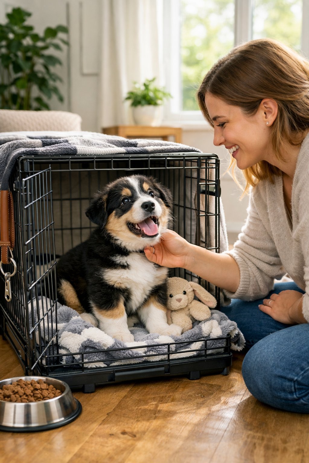 A happy puppy sitting inside a cozy dog crate in a bright living room with a smiling person nearby.