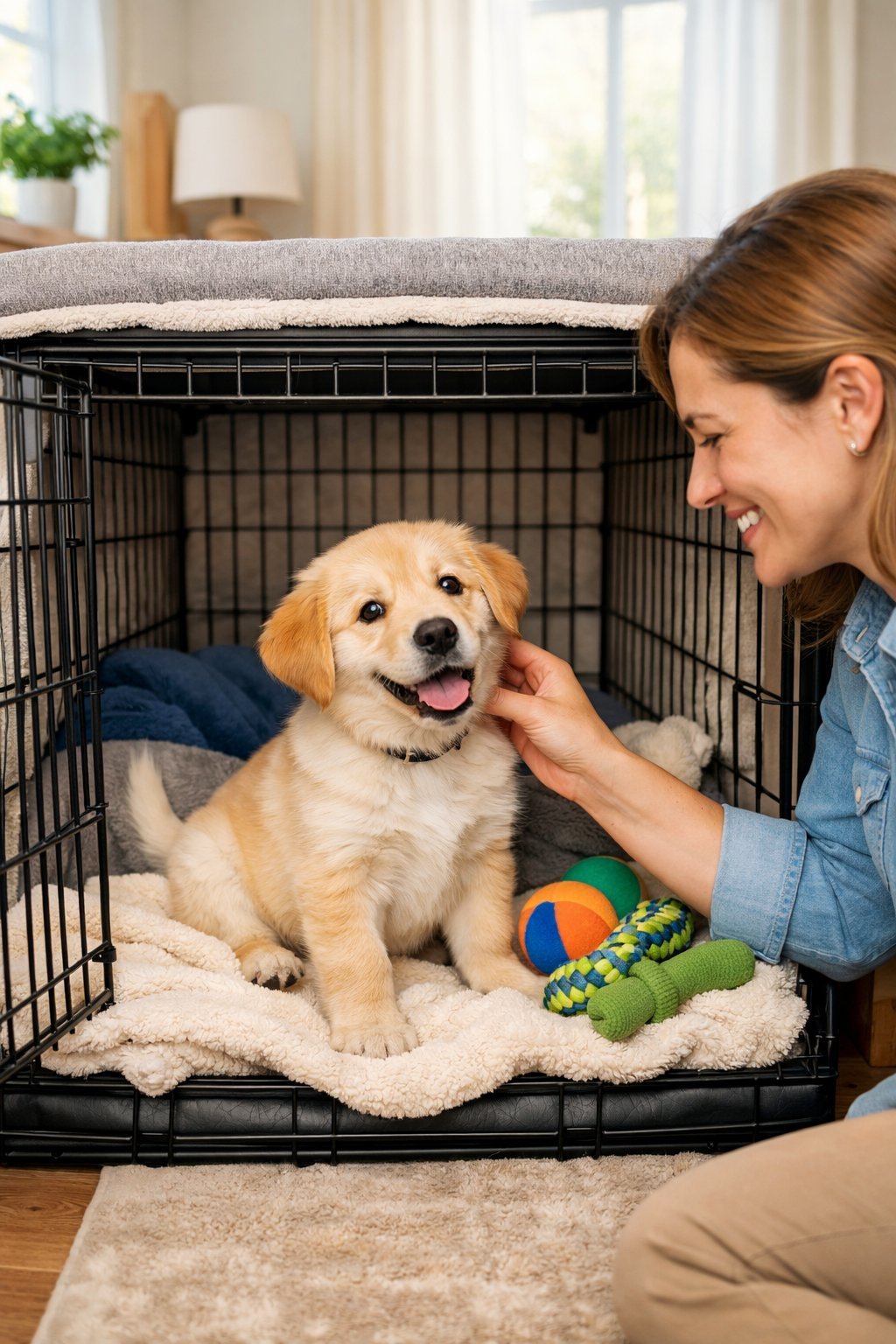 A happy puppy sitting inside a cozy open dog crate with a person gently interacting nearby in a bright living room.