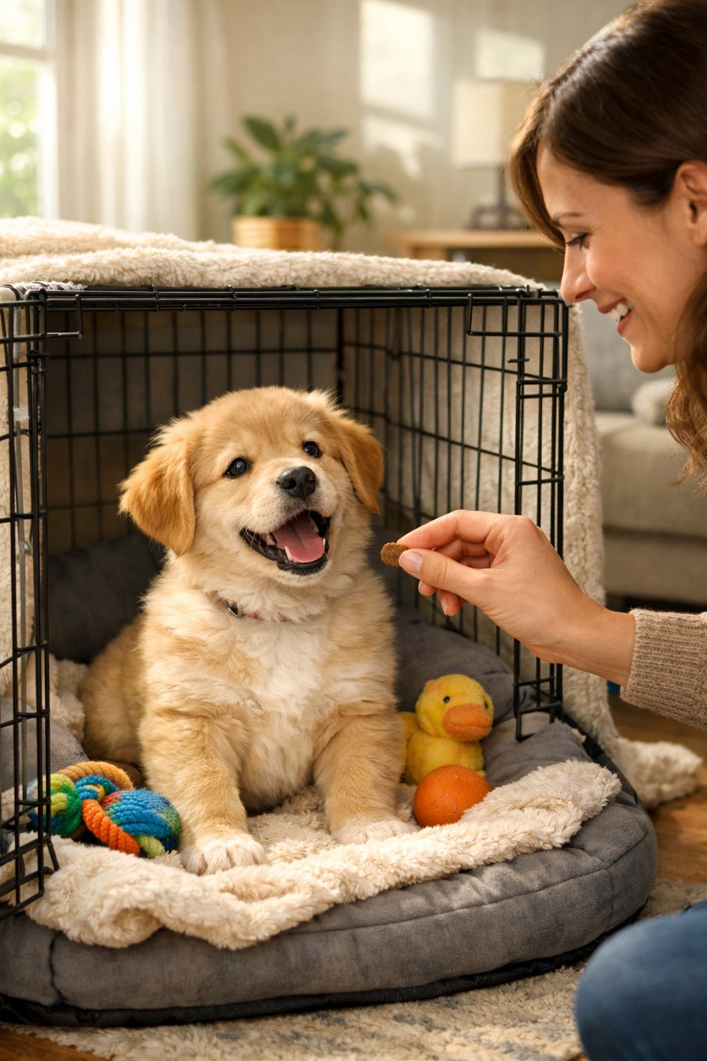 A happy puppy sitting inside a cozy crate with toys and blankets while a smiling person offers it a treat in a bright living room.