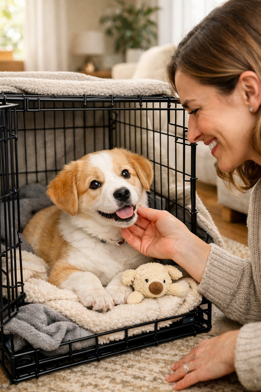 A happy puppy sitting inside a cozy crate with a person gently interacting nearby in a bright living room.