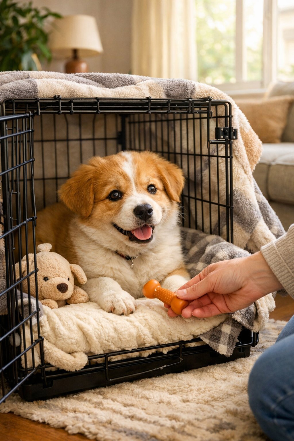 A happy puppy resting comfortably inside a cozy crate with a person placing a treat inside.