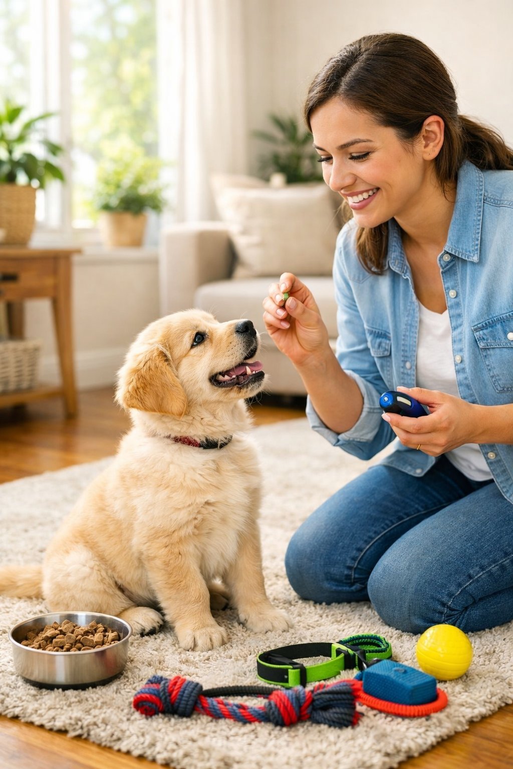 A young adult kneeling beside a golden retriever puppy sitting on a rug indoors, holding a treat during a training session.