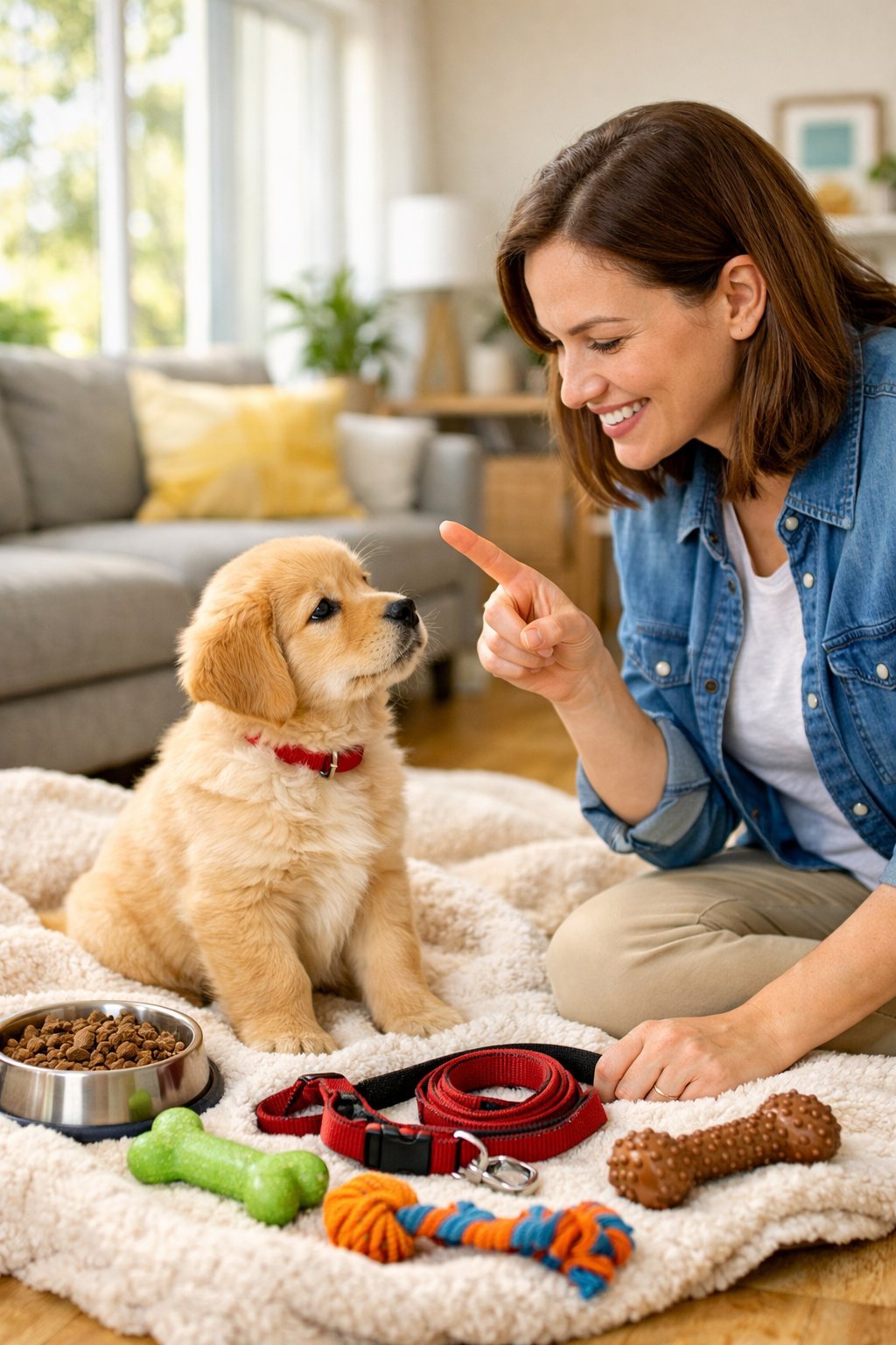 A young golden retriever puppy sitting on a blanket with training supplies nearby while a person gently interacts with it in a bright living room.