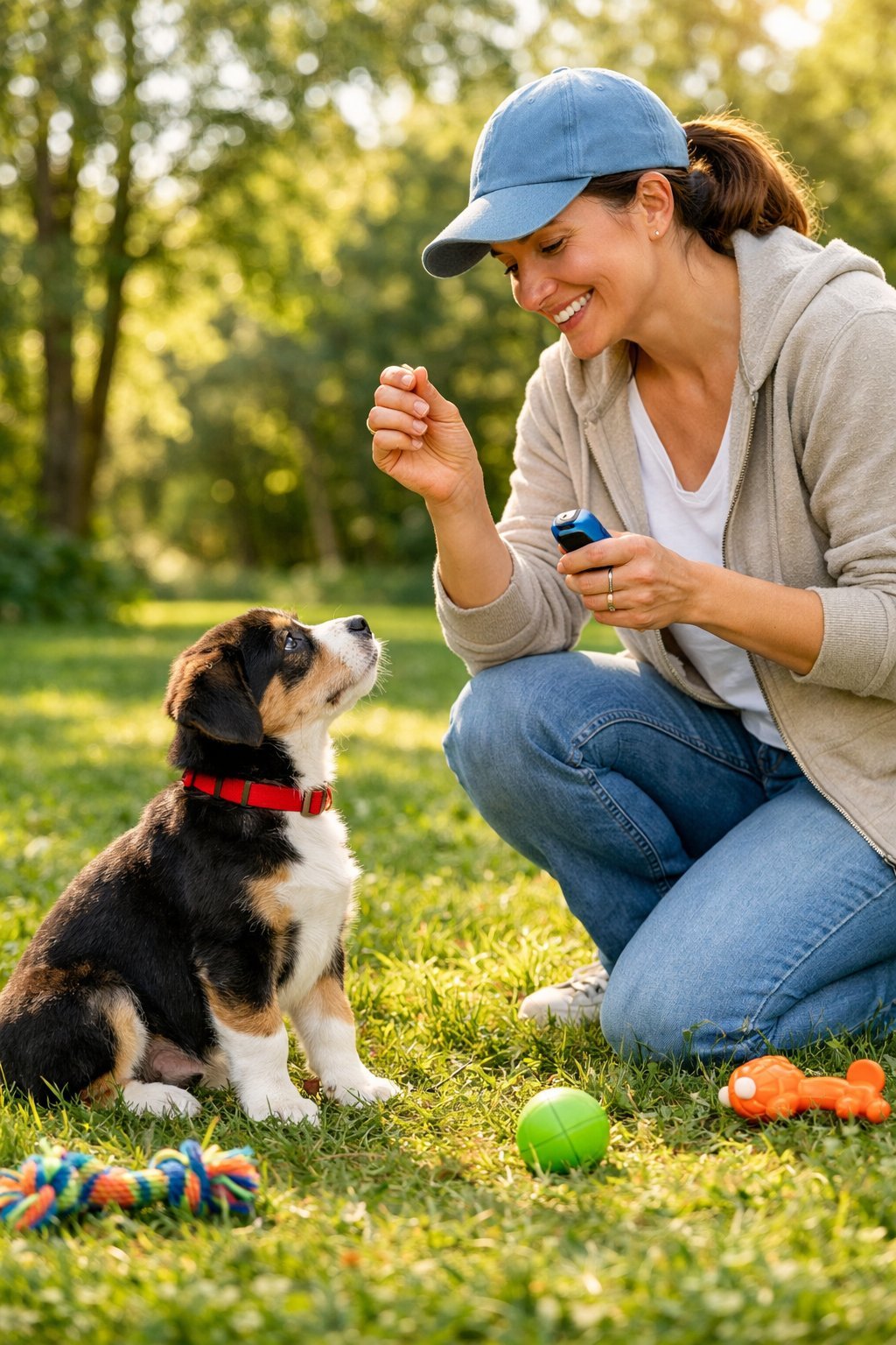 A person training a young puppy outdoors in a park, using treats to encourage the dog to sit attentively.