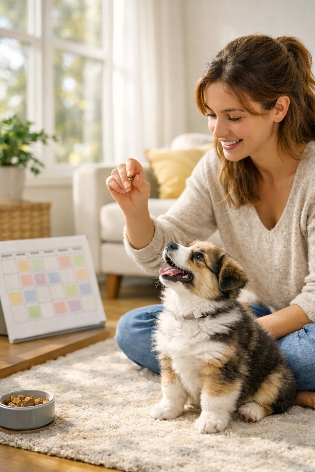 A woman training a puppy indoors, guiding the dog with treats in a bright living room.