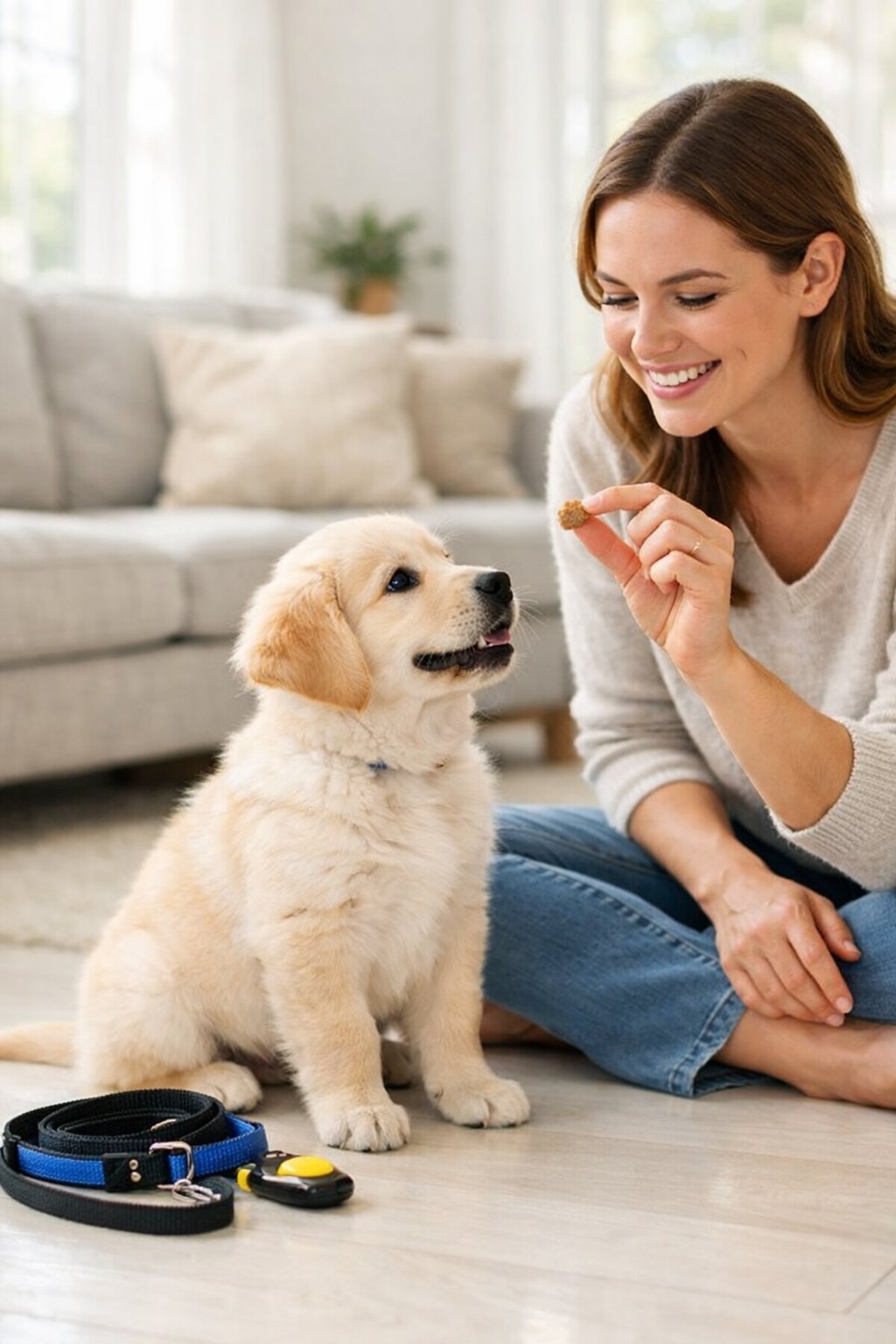 A young puppy sitting attentively next to a smiling person holding a treat indoors.