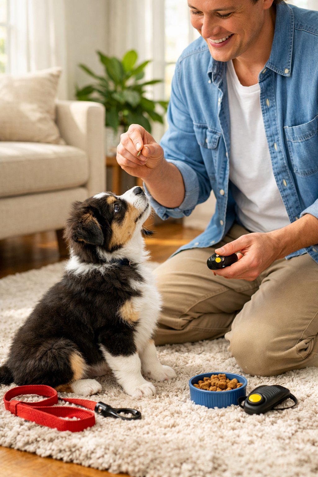A person training a young puppy indoors, with the puppy sitting attentively in front of them.