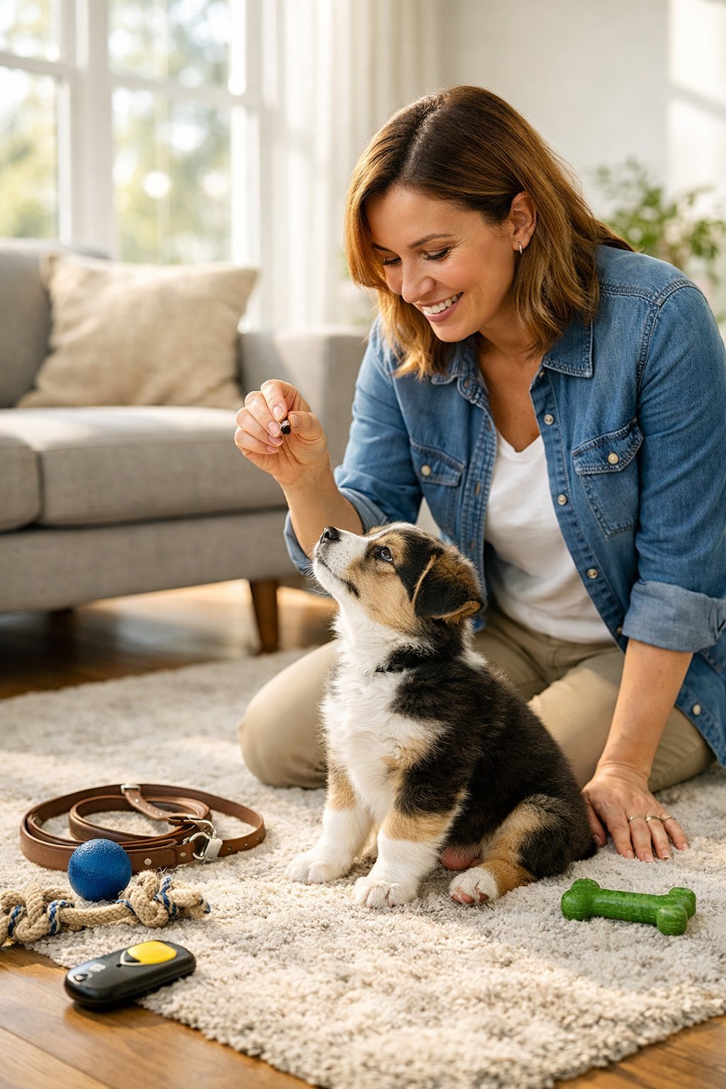 A person kneeling and training a small puppy in a bright living room with natural light.