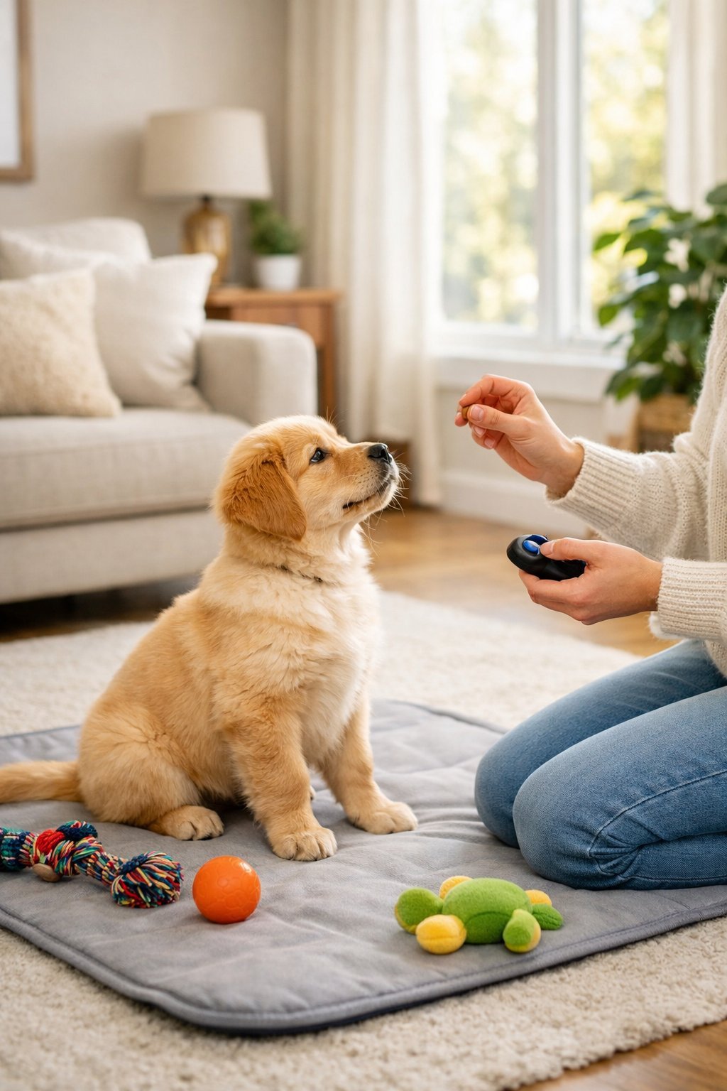 A young adult training a golden retriever puppy indoors, holding a treat while the puppy sits attentively.