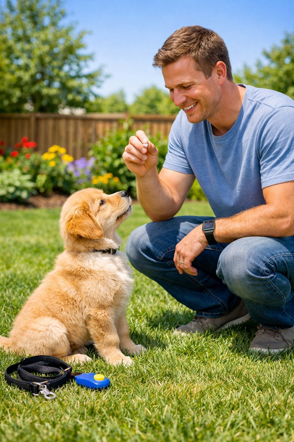 A person training a golden retriever puppy in a sunny backyard, holding a treat while the puppy sits attentively on the grass.