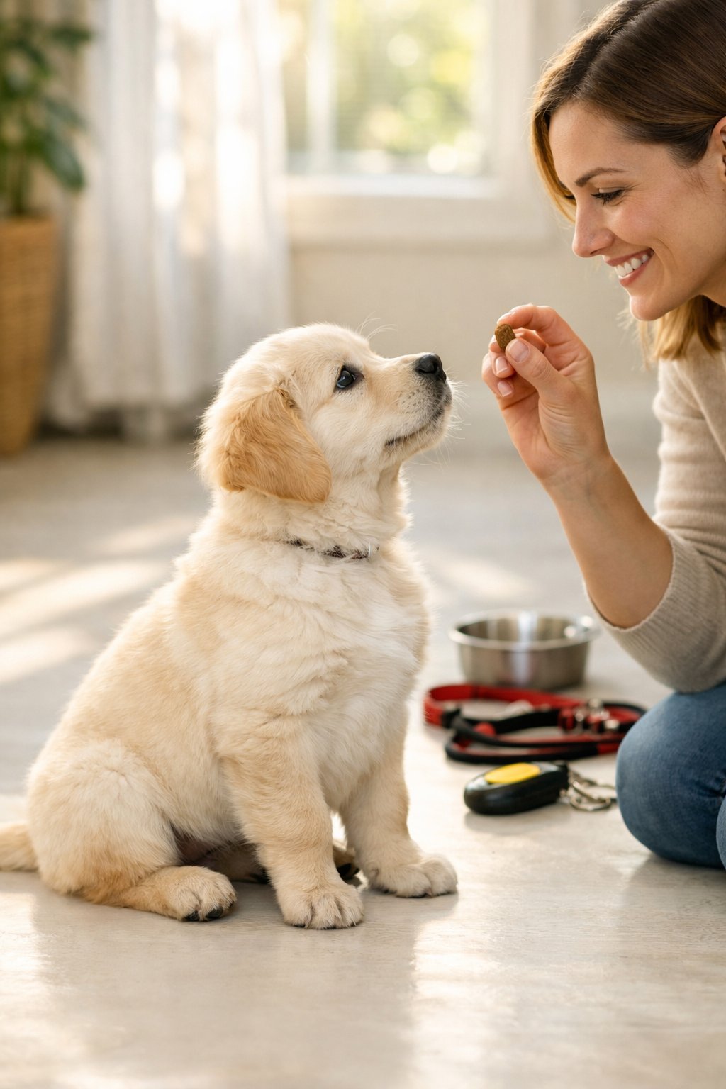 A person giving a treat to a sitting puppy indoors, with training tools nearby.
