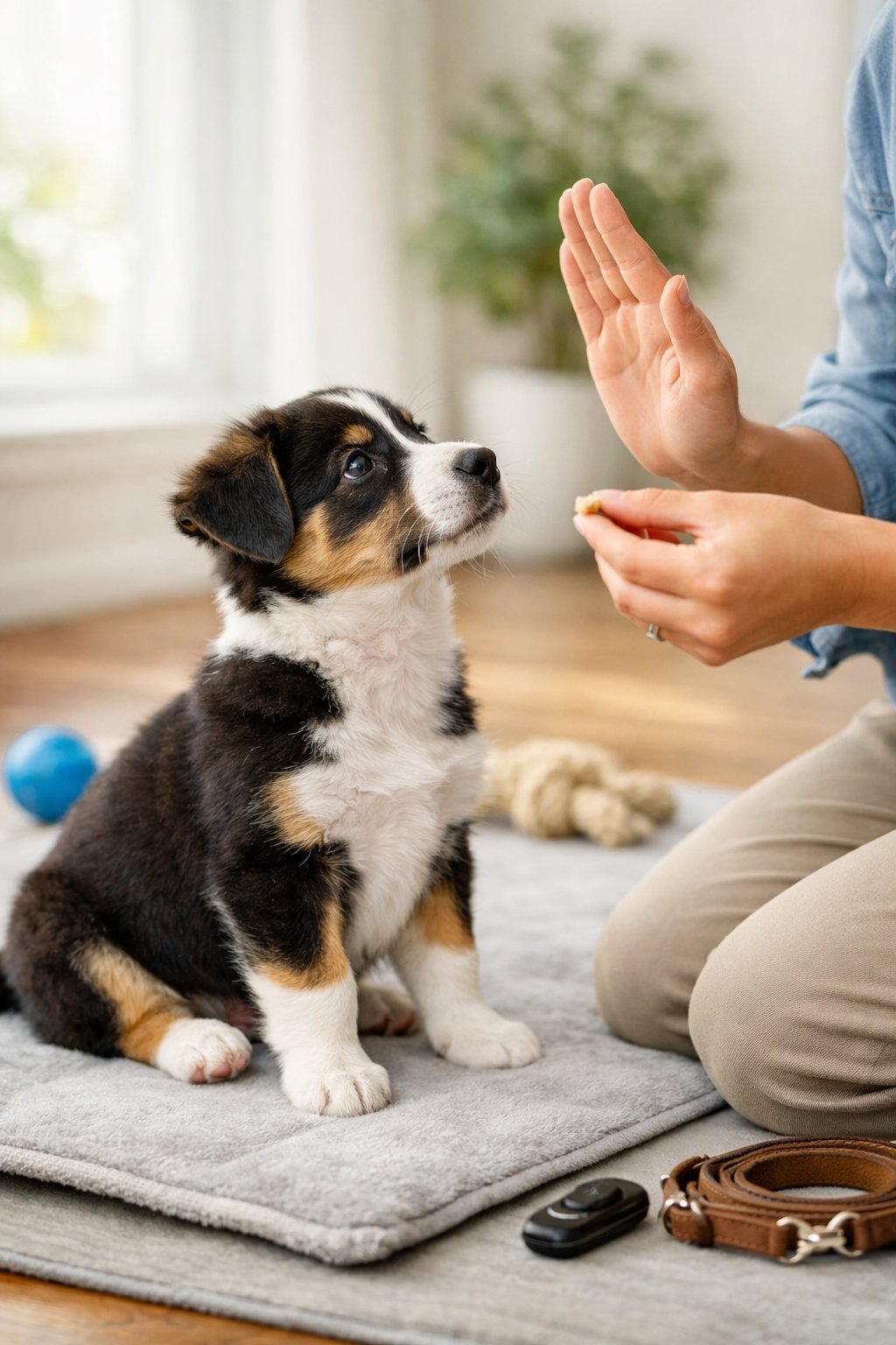 A person training a young puppy indoors, with the puppy sitting attentively and the person offering a treat.