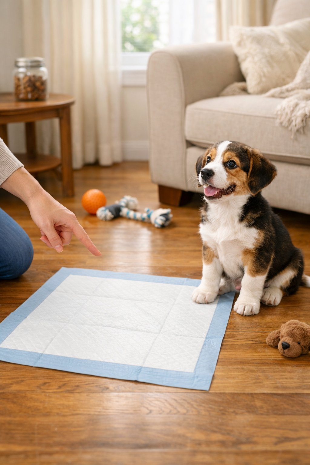 A puppy sitting next to a training pad indoors while an adult gently points at the pad in a bright living room.