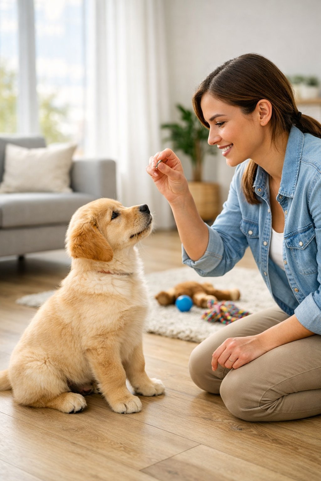A woman kneeling on the floor training a golden retriever puppy inside a bright living room.