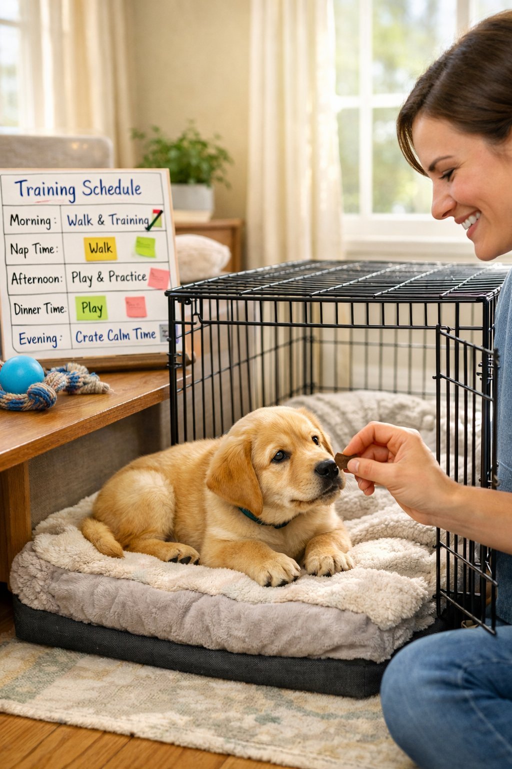 A puppy resting inside a crate in a cozy room with a person holding a treat nearby and a training schedule visible in the background.