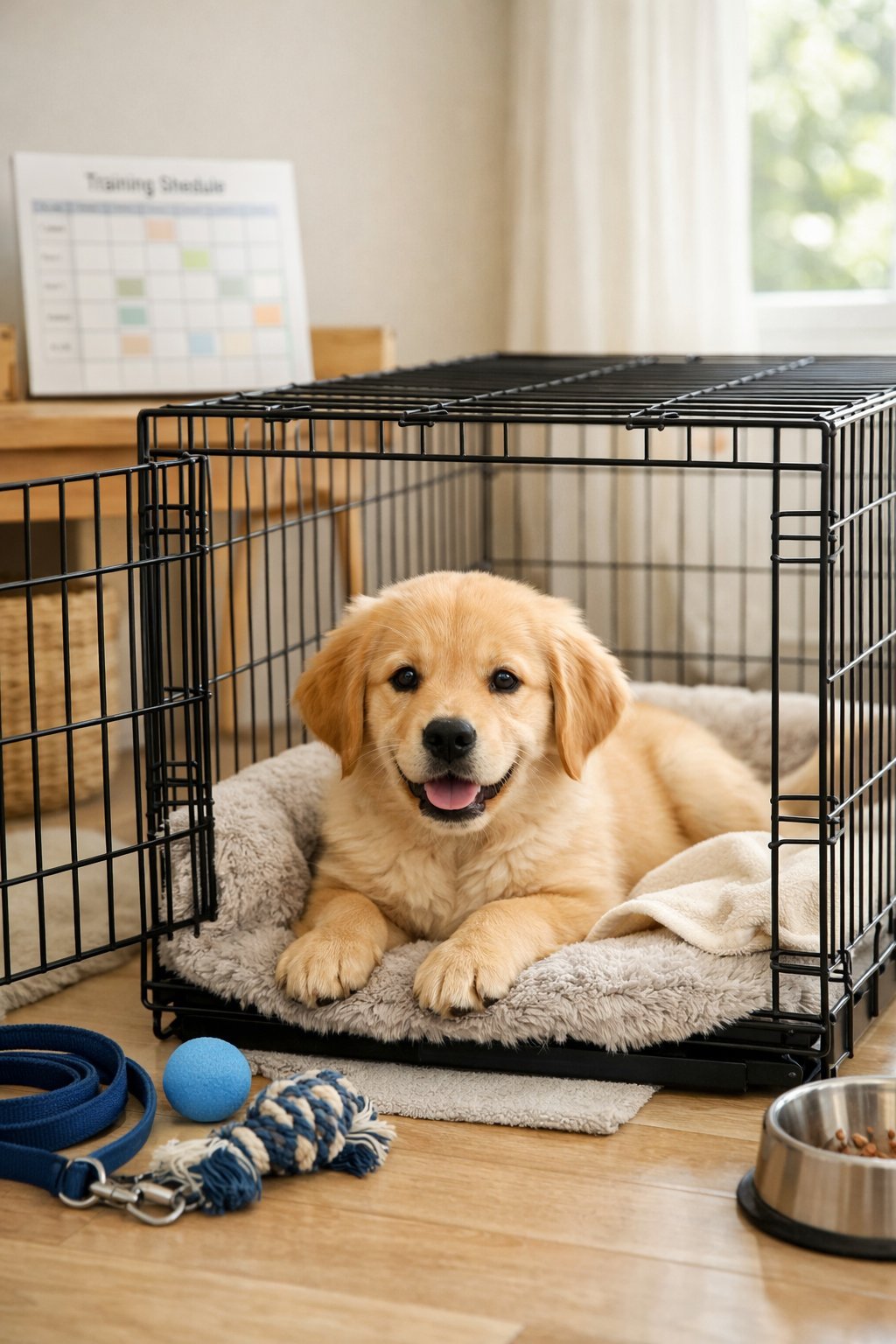 A happy puppy sitting comfortably inside an open crate in a bright living room with pet toys and a calendar nearby.