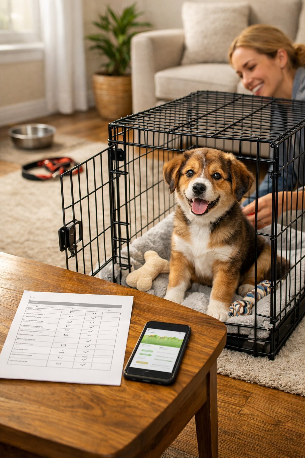 A young puppy sitting calmly inside an open crate with a training schedule on a nearby table and a person gently interacting with the puppy in a cozy living room.