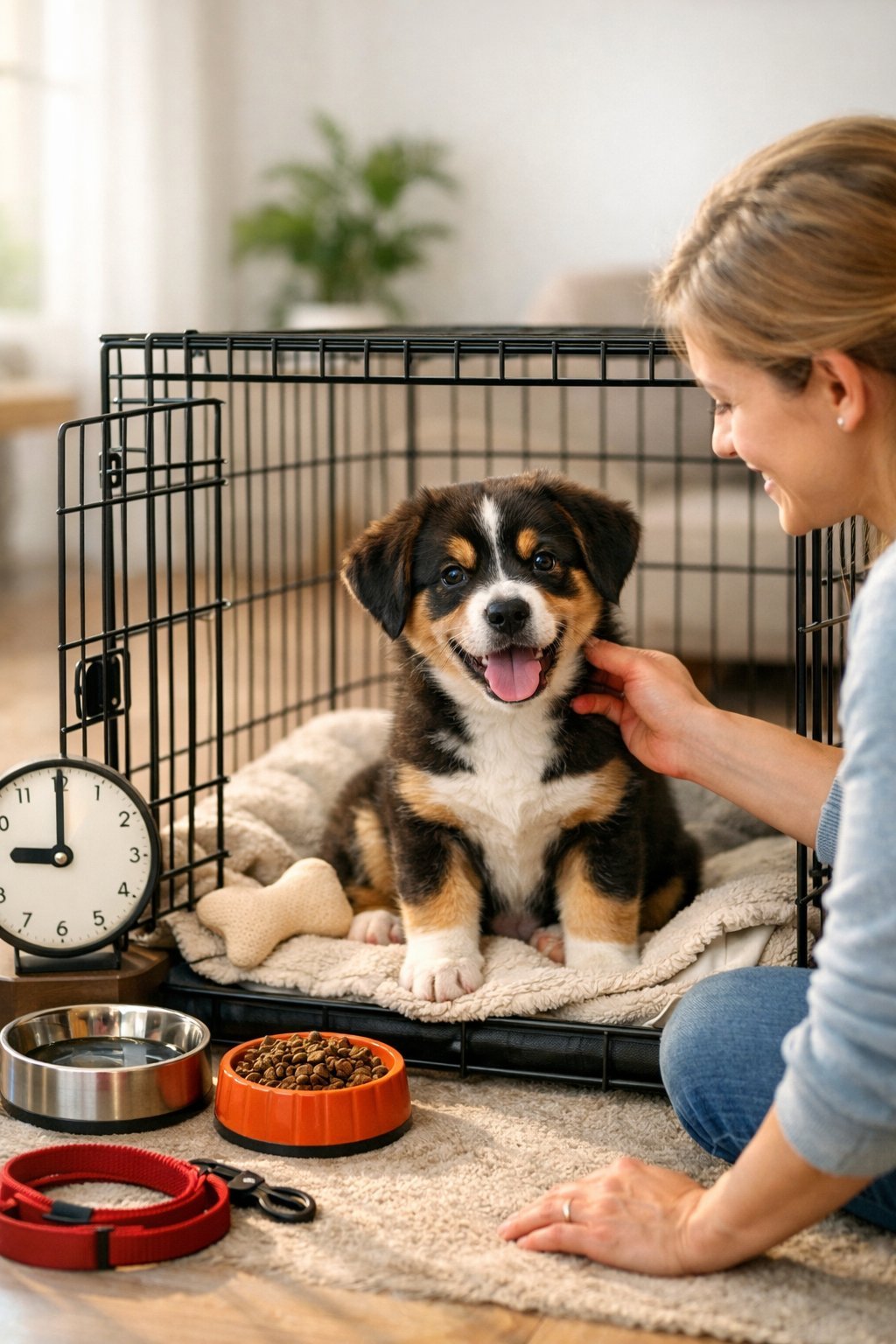 A happy puppy sitting comfortably inside a crate in a bright living room with a calm owner nearby.