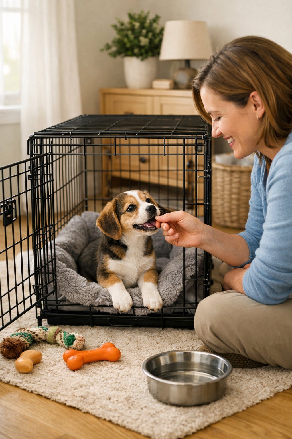 An adult gently interacting with a puppy near a dog crate in a cozy indoor setting.