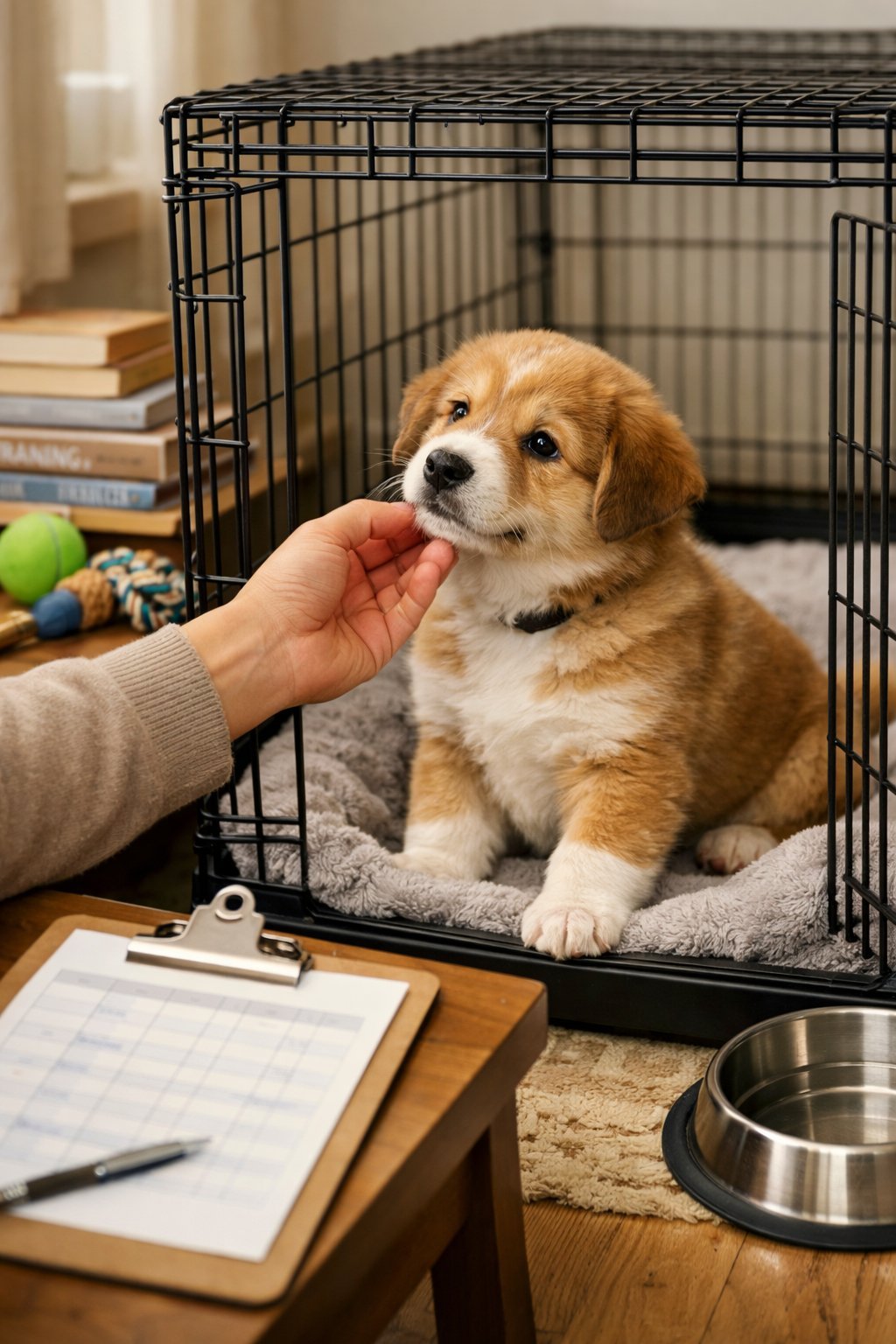 A puppy sitting inside a crate with a person gently interacting nearby in a cozy home setting with training supplies visible.